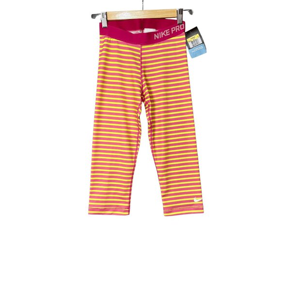 Nike‎ Pro Stripe Capri Leggings Womens Size Small Hot Pink Yellow Active Sport - Picture 1 of 8